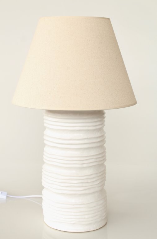 Tall White Ceramic Ruffled Lamp Base Beige Shade